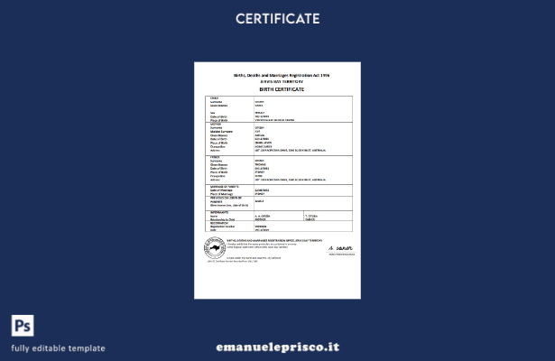 modello di certificato di nascita del territorio australiano di Jervis Bay in st